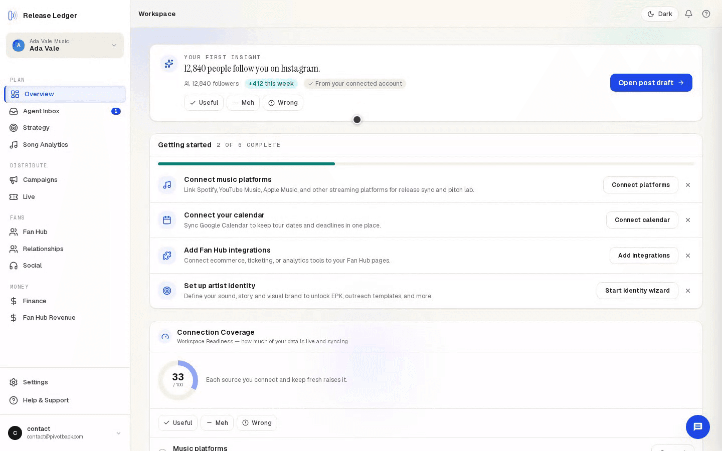 Release Ledger dashboard: a new insight appears and a drafted action is approved with one tap.
